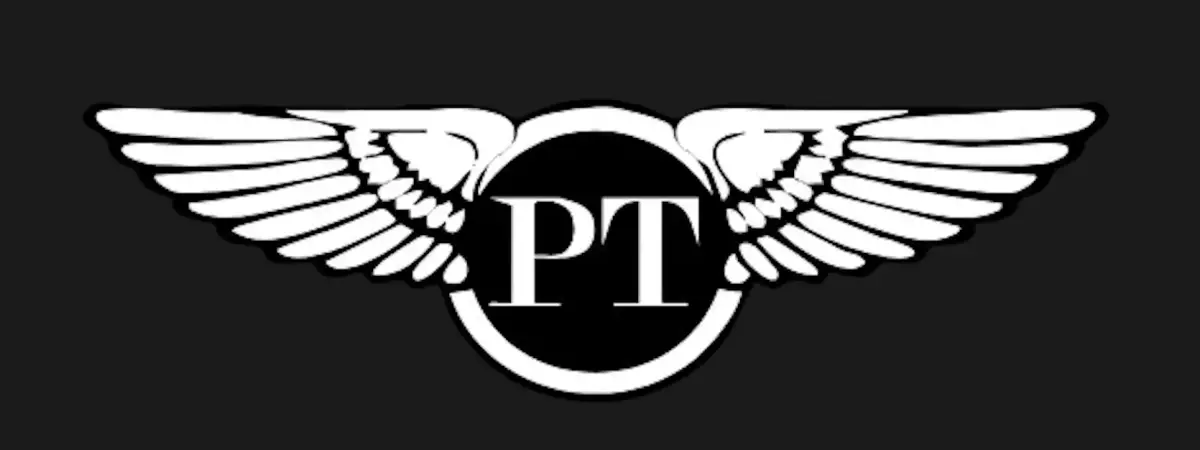 White winged logo with the letters “PT” inside a black circle on a dark background.